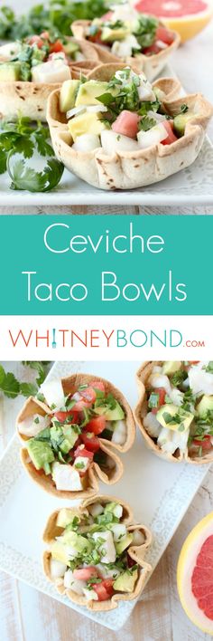 cevichche taco bowls with avocado, tomato and cucumber