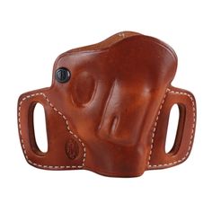 a brown leather holster with white stitching on the inside and outside, which is attached to