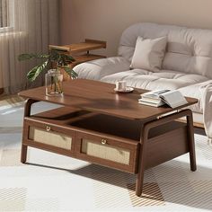 a living room with a couch, coffee table and two end tables on the floor