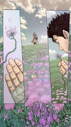 an anime scene with flowers and two hands touching each other's fingers in front of the sky