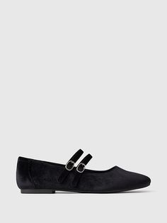 Velvet Double-Strap Mary Jane Flats Modern Black Mary Janes With Buckle Closure, Black Leather Sole Mary Jane Ballet Flats, Black Flat Synthetic Mary Janes, Formal T-strap Mary Janes With Buckle Closure, Black T-strap Mary Janes With Buckle Closure, Velvet Flats