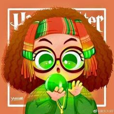 an illustration of a girl wearing glasses and holding a green apple