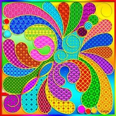 a colorful abstract painting with circles and dots in the shape of a butterfly on a blue background