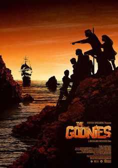 the goonies movie poster with silhouettes of people standing on rocks in front of an orange sunset