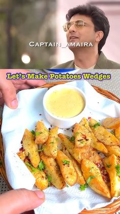 a person holding a plate with food on it and the caption reads let's make potatoes wedges