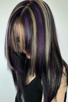 Black With Blonde And Purple Highlights Blonde And Purple Highlights, Blonde And Purple, Vivid Hair Color, Purple Highlights, Boring Hair