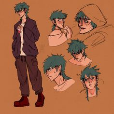 an anime character with green hair and various facial expressions, standing in front of a brown background