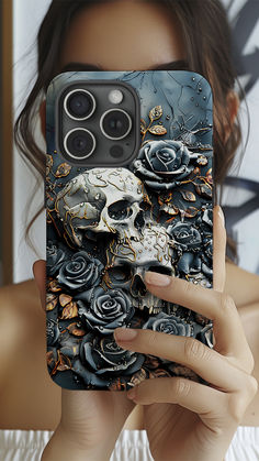 Floral Skulls Roses iPhone Case, gothic horror phone cover for iPhone 11, 12, 13, 14, 15, Pro Max, Mini, Plus. Tough protective cover. Dark Elegance, Skulls And Roses, Gothic Horror, Floral Skull