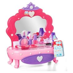 a pink and purple toy vanity with mirror