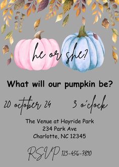 a poster with two pumpkins and the words, he or she? what will our pumpkin be?