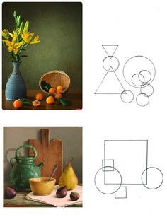 three pictures with different shapes and sizes of flowers in vases, pears and oranges