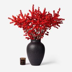 a black vase with red flowers in it next to a small candle on the floor