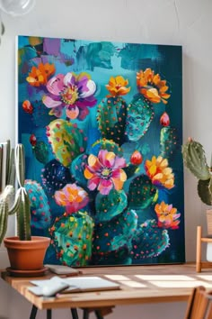 a cactus painting on a canvas next to a potted cacti and other plants