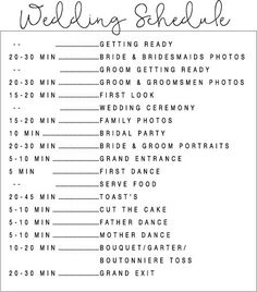 the wedding schedule is shown in black and white, with text overlaying it