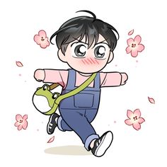 a little boy running with a green frog in his hand and pink flowers behind him