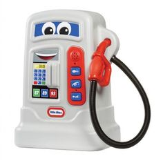 a toy gas pump with a red hose connected to it's head and eyes