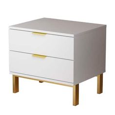 a white and gold nightstand with two drawers on each side, against a white background