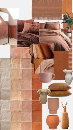 a collage of different shades of pink and brown with vases, bed linens, pillows, and blankets