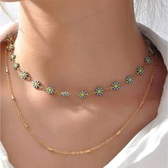 Cute Layered Beach Necklace Flower Decor On Gold Chain Trendy Blue Jewelry For Spring, Blue Flower-shaped Spring Jewelry, Adjustable Blue Necklace With Flower Charm, Blue Bohemian Necklace With Flower Charm, Trendy Blue Flower Shaped Jewelry, Summer Flower Necklace With Charm, Summer Flower Necklace With Flower Charm, Trendy Flower Charm Necklace For Spring, Dainty Flower Charm Necklace For Summer