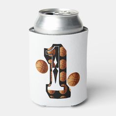 a can cooler with basketballs on it and the letter j written in black ink