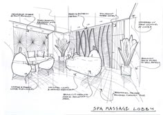 an architectural drawing of a bathroom with plants and flowers on the walls, along with text describing how to use spa masala lobby