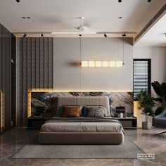 a modern bedroom with marble floors and walls