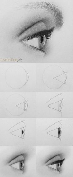 the steps to draw an eye with different angles and shapes for each individual's eyes