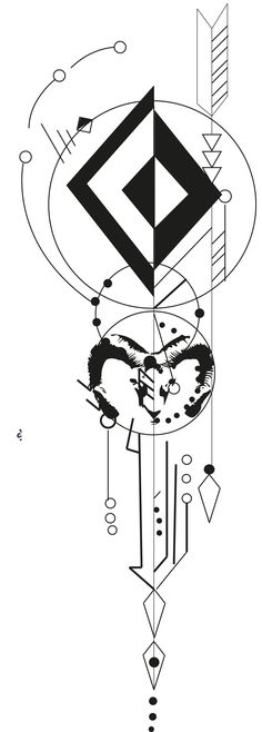 an abstract drawing with black and white lines, circles, and shapes in the center