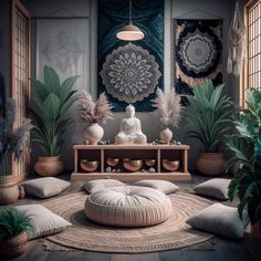 a living room filled with lots of plants and decor on top of a wooden table