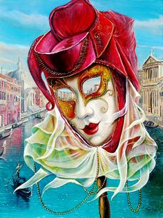 a painting of a woman wearing a red mask and white dress on the side of a body of water