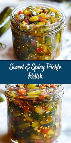 two jars filled with pickle relish on top of a white tablecloth next to green peppers