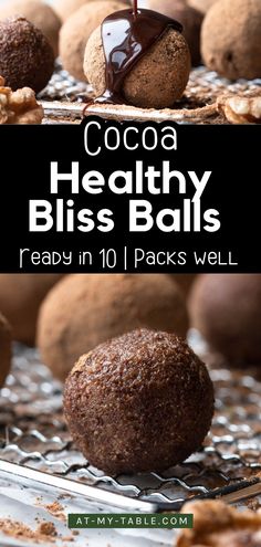 A chocolate-covered date bliss ball resting on a cooling rack, surrounded by other cocoa-dusted balls. The rich drizzle and soft texture make it a guilt-free dessert option. Bliss Balls, Family Recipes