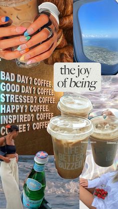 there is a collage with different pictures and words on it that include coffee, the joy of being