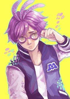 an anime character with purple hair and glasses, holding his hand to his ear while looking at the camera