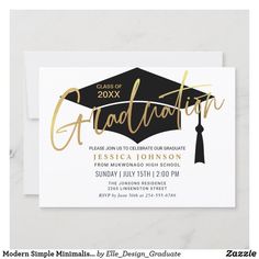 graduation party card with gold foil lettering and a black cap on the top, in front of a white background