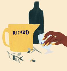 a painting of two hands reaching for a wine glass next to a yellow pitcher with the word ricard written on it