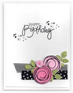 a happy birthday card with pink flowers and polka dots on the bottom, in black and white