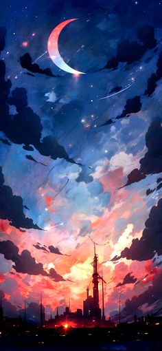 the sky is filled with clouds and stars as the sun sets over a cityscape