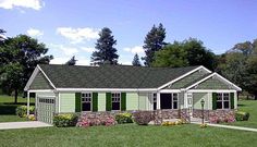 this is an artist's rendering of a ranch style home with green shutters