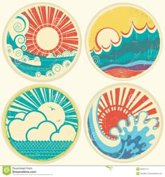 four sun and clouds in the sky over water with waves on them, set of four different