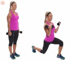 a woman in pink shirt and black pants doing squat exercises with dumbbells on white background