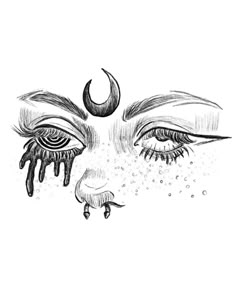 a drawing of a woman's face with tears on her eyes and the moon above it