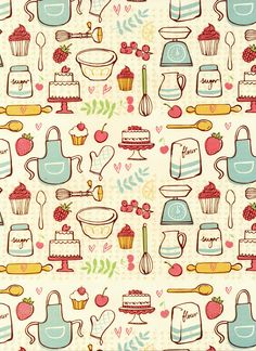 an image of kitchen utensils and cakes on a white background seamless wallpaper