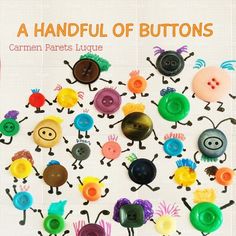 a book with buttons on it and the words a handful of buttons written in different languages