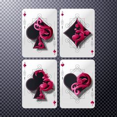 four playing cards with hearts and spades on them, all decorated in pink and black