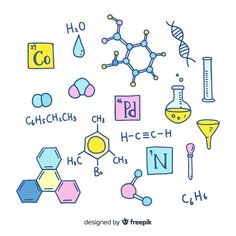 the chemical symbols are drawn in blue, yellow and pink