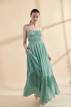 Flounce cami maxi dress – amente Nomad Clothing, Allure Dress, Breezy Outfit, Muslin Dress, Cami Maxi Dress, Brimmed Hat, Statement Accessories, Loungewear Sets, Maxi Dress Green