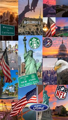 the collage has many pictures of different countries and their famous landmarks, including the statue of liberty