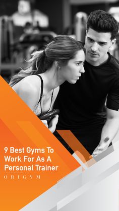 a man and woman looking at something on a computer screen with the text 9 best gyms to work for as a personal trainer