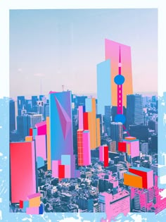 an abstract cityscape with buildings and skyscrapers in pink, blue, yellow and orange